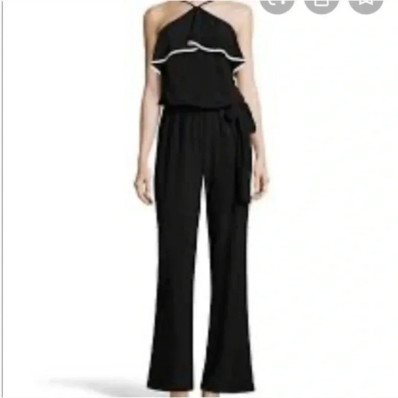 Black and white ruffle tie waist Nicole Miller Halter Jumpsuit - Picture 1 of 6